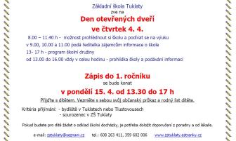 Den otevřených dveří a termín zápisu do 1. ročníku ZŠ Tuklaty 1